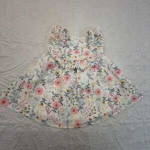 Tommy Bahama Baby Girls Floral Ruffle Dress Pom Pom Trim White Pink 3-6M